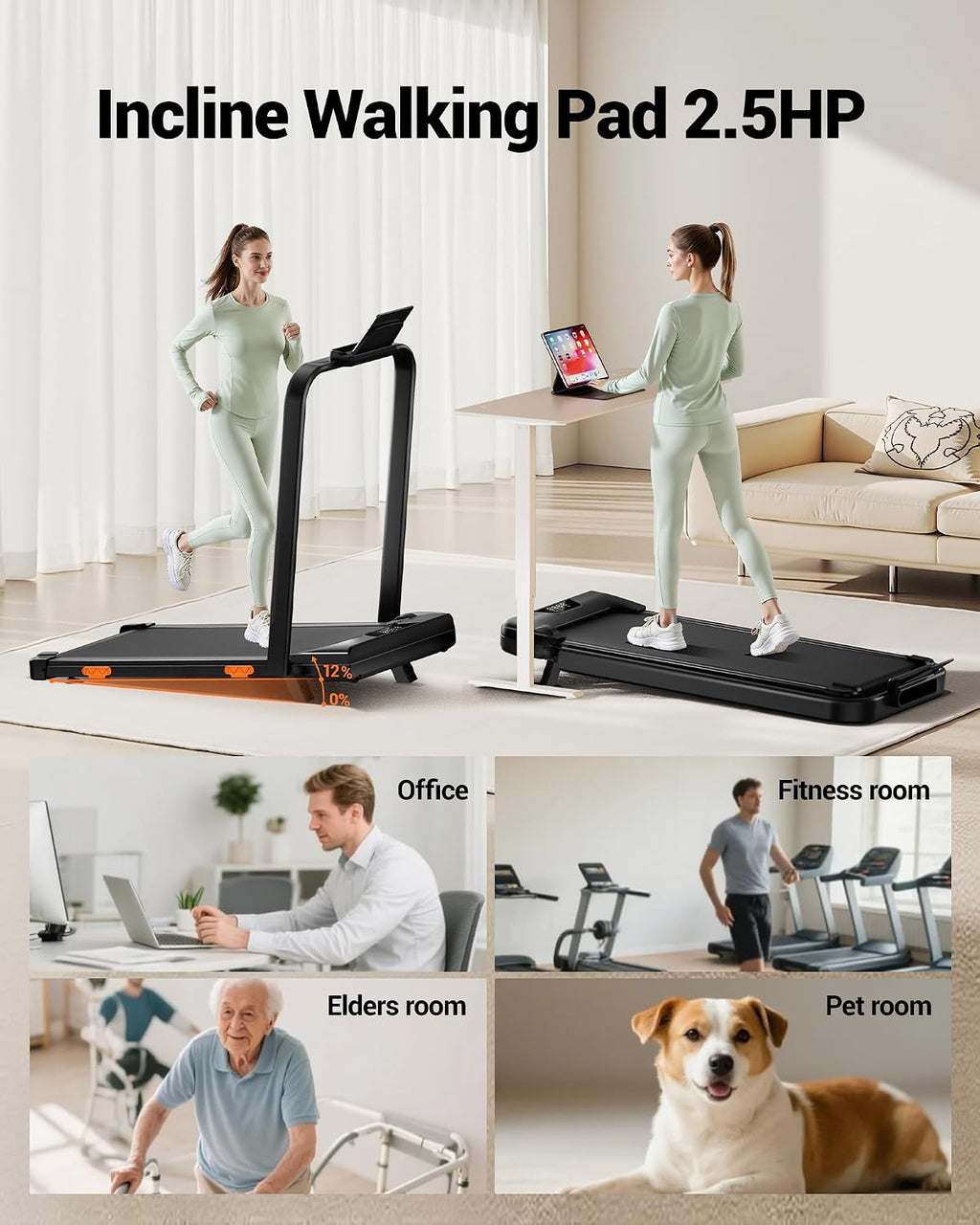 12% Incline Foldable Walking Pad Treadmill
